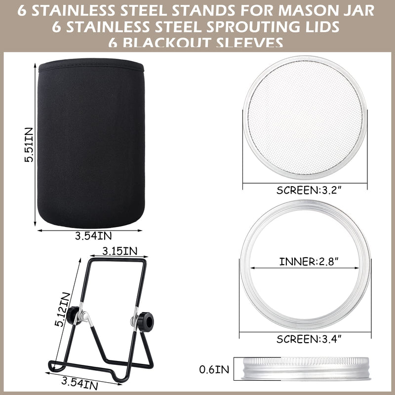 6 Pack Sprouting Lids with Stainless Steel Jar Stands, Blackout Sleeves, Kit for Wide Mouth Mason Jars, Organic Sprouts