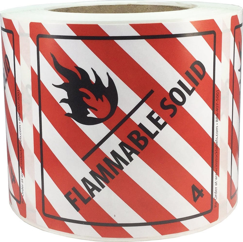 Hazard Class 4 D.O.T. Flammable Solid Labels, 4 x 4 Inch Square Red and White Hazmat Stickers, 500 Total Adhesive Labels on a Roll for Shipping and Compliance – Made in the USA