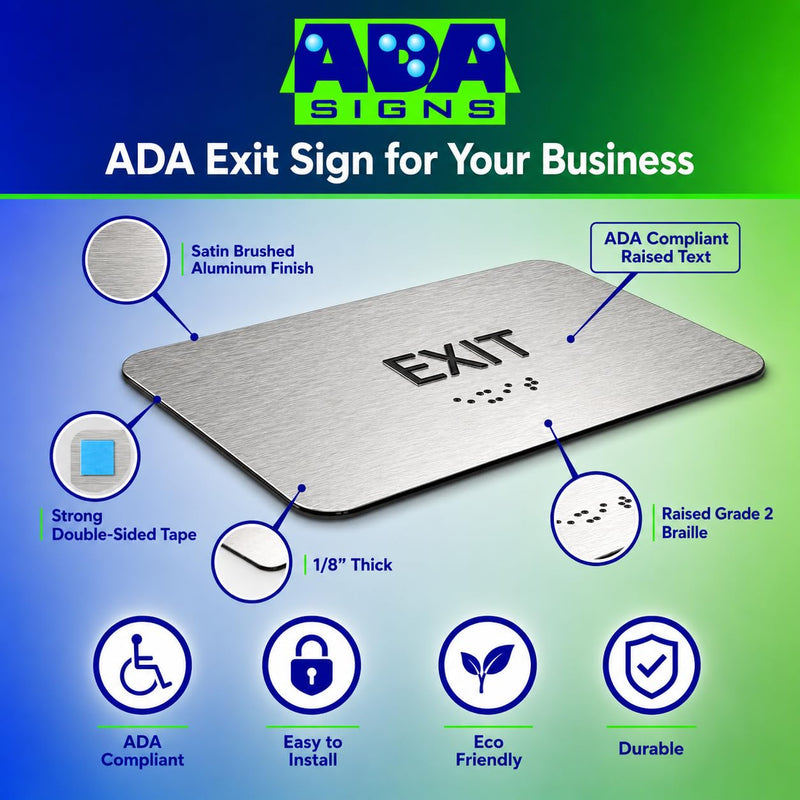 Exit Sign, Informational Business Sign, Aluminum Brushed Silver, 4" H x 7" W with Heavy Duty Double Sided Mounting Tape for Office, Business, retail, medical