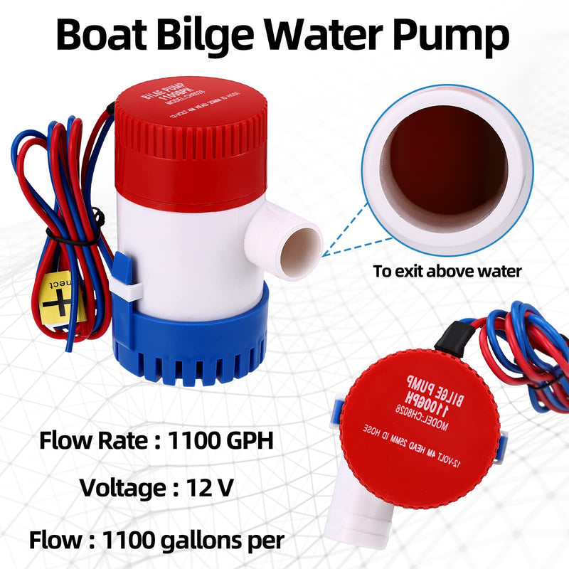 Lounsweer 1-1/8 Inch Boat Bilge Pump Plumbing Kit 12v 1100gph Electric Boat Bilge Water Pump 6 ft Kink-free Flexible PVC Hose 2 Pcs Hose Clamps Thruhull Fitting for Marine Ponds Pools (Black) Black