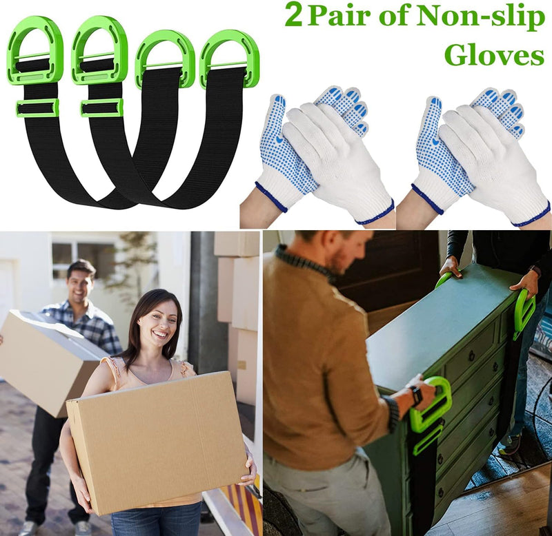 [Australia - AusPower] - Adjustable Lifting Moving Straps, Furniture Moving Straps Support up to 600Lbs for Furniture, Boxes, House-Moving, 2Pack One-Person Handle Lifting Straps with Anti-Slip Gloves Green-1Person Straps 