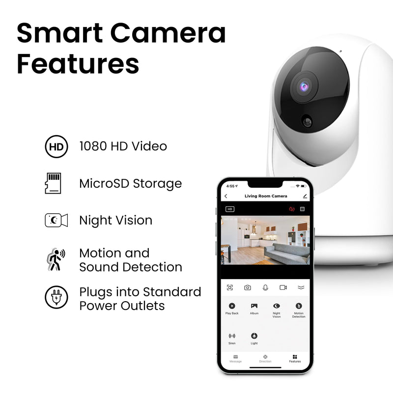 Feit Electric Indoor Security Camera with Motion Detection, 30ft. Night Vision, Pan and Tilt Head, 2.4GHz WiFi, 2-Way Audio, 1080p HD, Works with Alexa & Google Asst, Plug-in, White, CAM/PAN/WiFi/G2 PLUG-IN DESK CAMERA