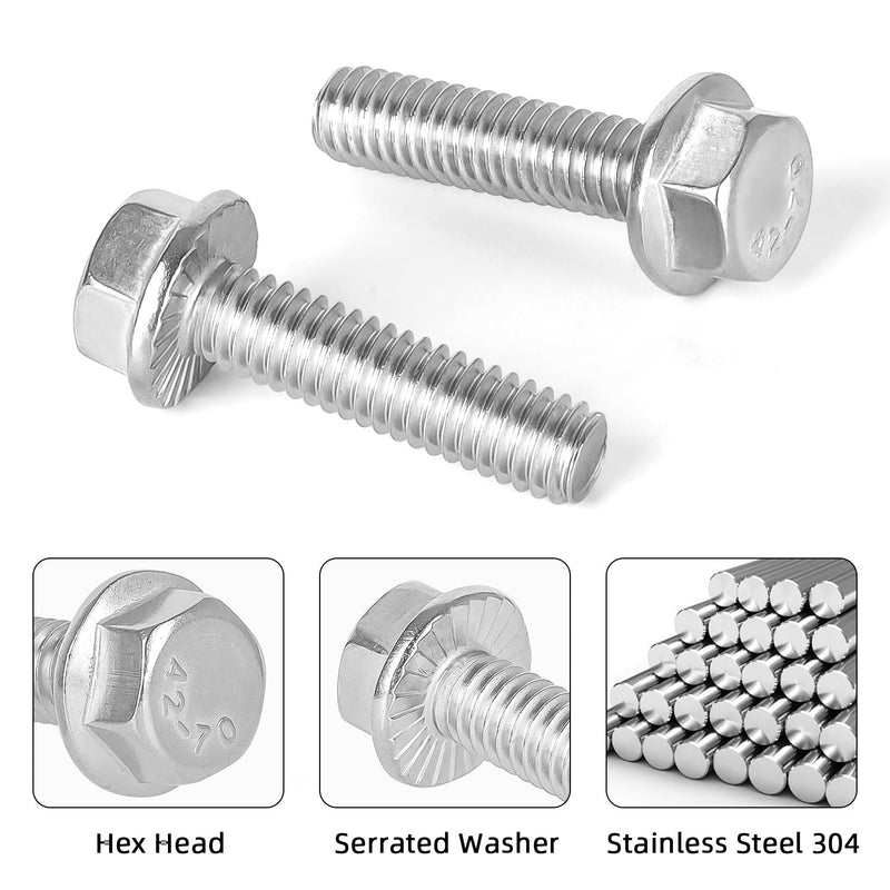 [Australia - AusPower] - 1/4-20 x 3/4" (25 PCS) Flanged Hex Head Bolts, Flange Washer Head Hexagon Screws, 18-8 Stainless Steel (304), Plain Finish, Full Thread 1/4-20 x 3/4" 