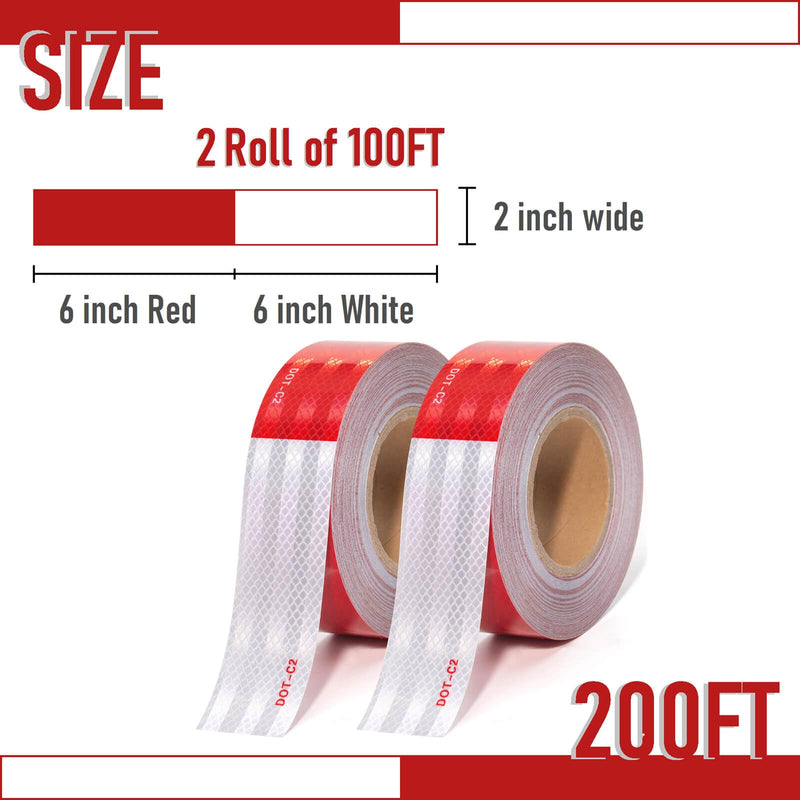 DOT-C2 Reflective Tape 2 Inch X 200 Feet Red White Reflector Adhesive Conspicuity Outdoor Waterproof Tape for Trailers, Trucks, Vehicles, Driveway, Boats, Signs (200 FT) Red&White-200FT