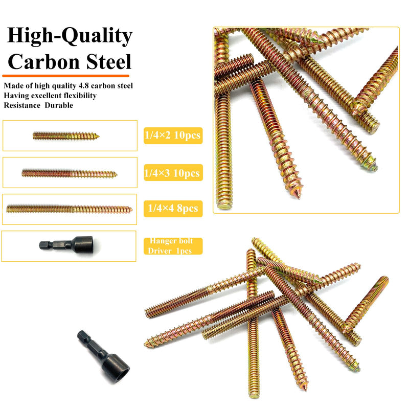 [Australia - AusPower] - 29 Pack 1/4-20" Hanger Bolts 3Sizes 2-4 Inch Include1 pcs Hanger Bolt Driver Double Headed Bolts Wood Dowel Screw Self-Tapping Screw for Furniture Screws Wood Screws Double Screw Threaded Rods 3 Size 1/4-20"-28P+Tool 