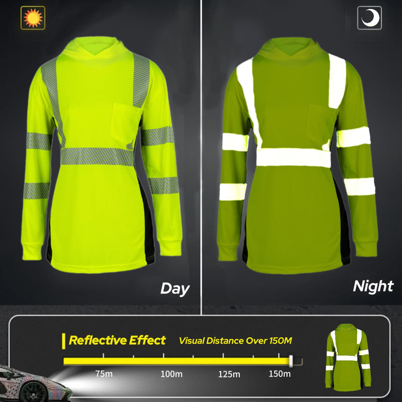 Safety Reflective Shirts for Women ANSI Class 2 Hi Vis Long Sleeve High Visibility Work T Shirts with Hood X-Large Yellow