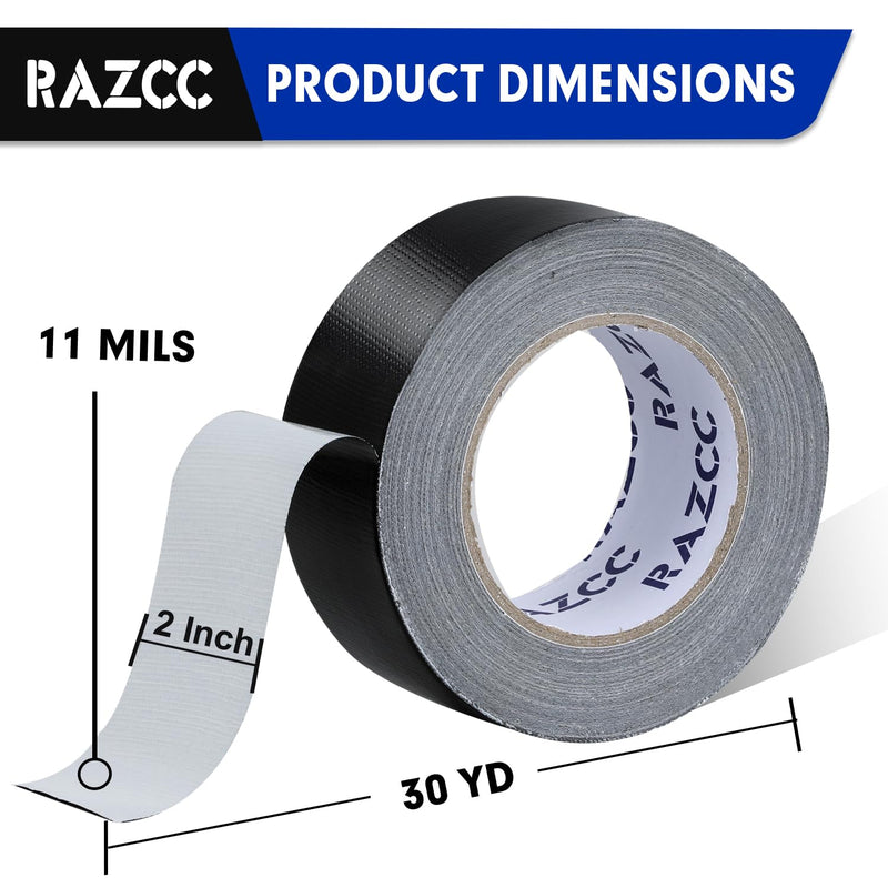 RAZCC Duct Tape, 12 Rolls Black Duct Tape,Heavy Duty, Flexible, No Residue, All-Weather and Tear by Hand, 30 Yard x 2 Inch Per Roll - Bulk Value for Indoor & Outdoor Repairs, Industrial Use 2 inch-12 Rolls