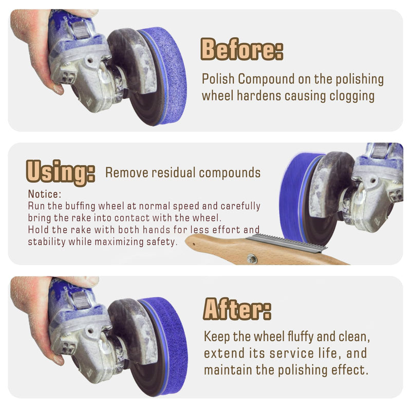 Buffing Wheel Rake Cleaning Tool for Polishing Wheel Compound with Beech Wood Handle & 4 Rows of Metal Teeth Rake Removing Residual Buffing Compound Dress Buffing Polishing Wheel Surface