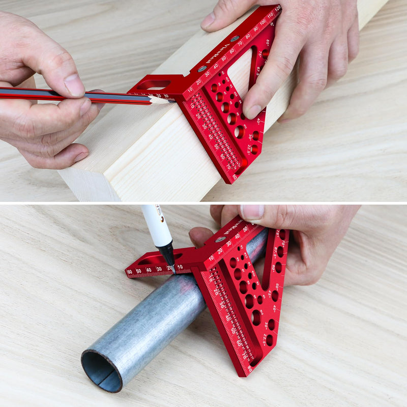 [Australia - AusPower] - 3D Mitre Square Multifunctional 22.5-90 Angle Measure Aluminium Alloy High Precision Layout Measuring Tool Scribing Tool Woodworking Measuring Tools for Carpenters, Engineers Red 
