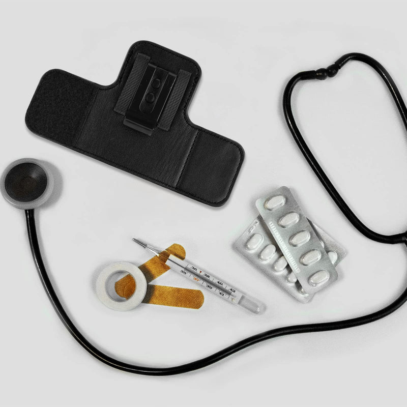[Australia - AusPower] - Beautyflier PU Leather Stethoscope Holder with Clip for All Models: Littmann, ADC, MDF, Adscope, Stethoscope Holder Carrier Perfect for Physicians, Nurses, EMT (Black) Black 