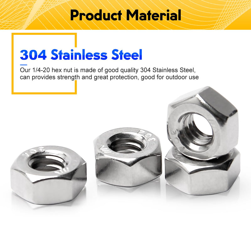 [Australia - AusPower] - 100pcs 1/4-20 Hex Nuts, 304 Stainless Steel, Hex Drive, UNC Nuts Fasteners, 1/4" Stainless Nuts Replacement Nut with Plastic Case 