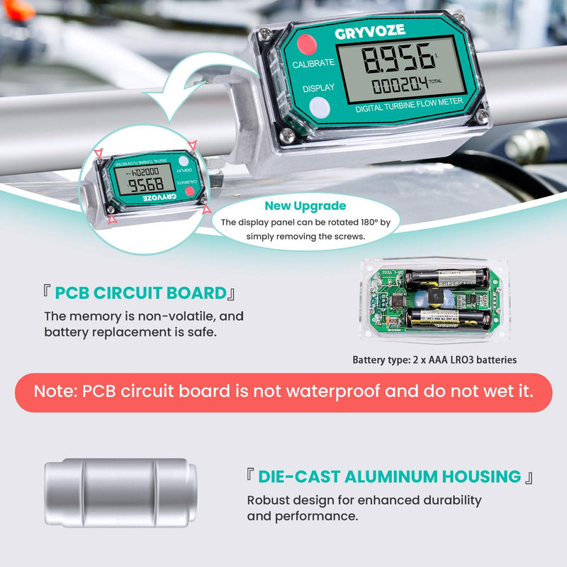 [Australia - AusPower] - 3/4 Inch Digital Turbine Fuel Flow Meter, 0.8-13.2 GPM Inline NPT Thread Flowmeter with 360° Swivel Connector for Water, Diesel, Gas Oil, Gasoline, Kerosene & More, Supports Gallon, QTS, PTS, L, m³. 3/4 inch 