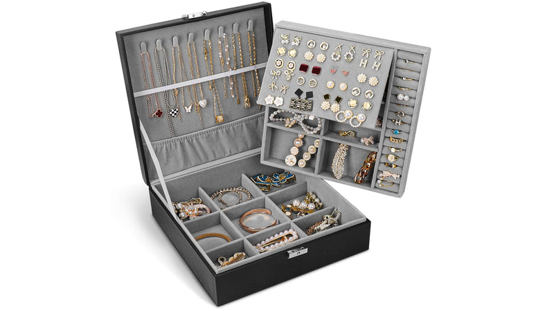 Jewelry Box, Jewelry Boxes for Women & Men with PU Leather, 2 Layer Large Jewelry Organizer Storage Case with Lock, for Necklace Bracelets Earrings Rings, Jewelry Organizer Box Ideal Gift, Black