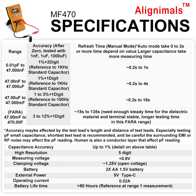 Capacitor Tester, MF470 Auto Ranging Capacitance Meter, Professional Measuring Capacitance Resistance, ESR Capacitor Meter Car Audio Farad Super Capacitor Measurment 0.01pF to 470,000,000uF