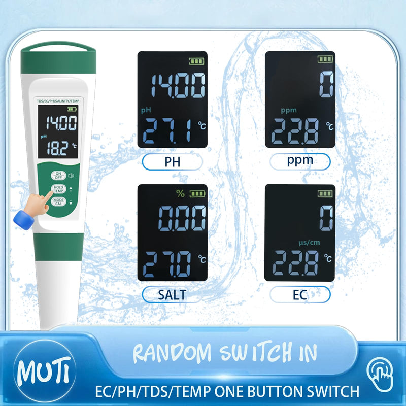 [Australia - AusPower] - 5-in-1 Water Quality Tester - TDS/PH/Temp/Salt/EC Meter - High-Precision Chip & Algorithm for Fast & Accurate Measurements - Ideal for Drinking, Tap, Well, Pool, Aquarium, Hydroponics 