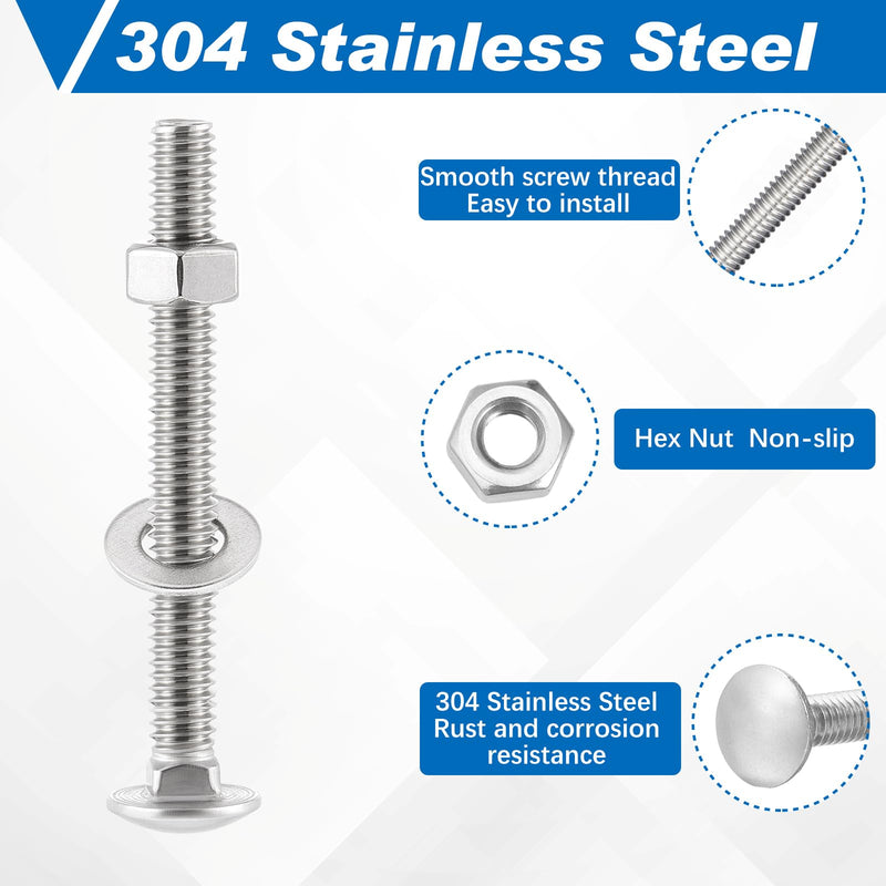 Zonon 25 Sets 5/16-18 x 3" Stainless Steel Carriage Bolts and Nuts Kit Round Head Square Neck Carriage Bolts Screws and Hex Nuts and Flat Washers, Stainless 18-8 Full Thread Coverage (Silver) 5/16-18 x 3" Silver