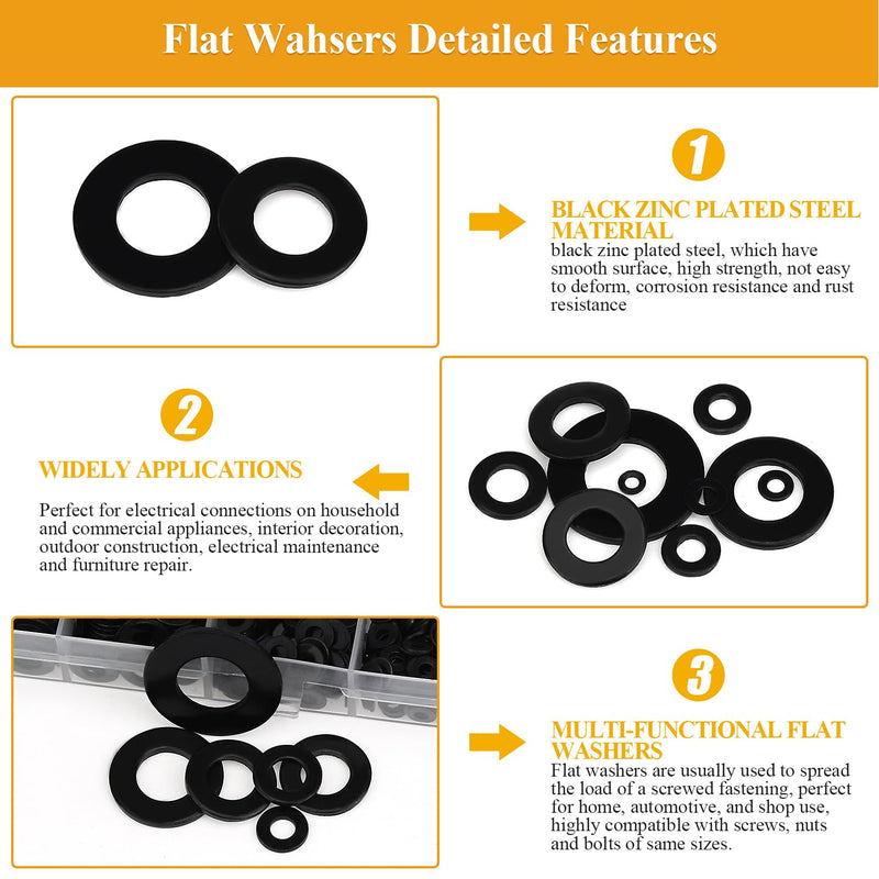 [Australia - AusPower] - 1000 Pieces 9 Sizes Black Zinc Plated Steel Flat Washers for Screws Bolts, Black Washers, Metal Washers, Assorted Washers (M2 M2.5 M3 M4 M5 M6 M8 M10 M12) 