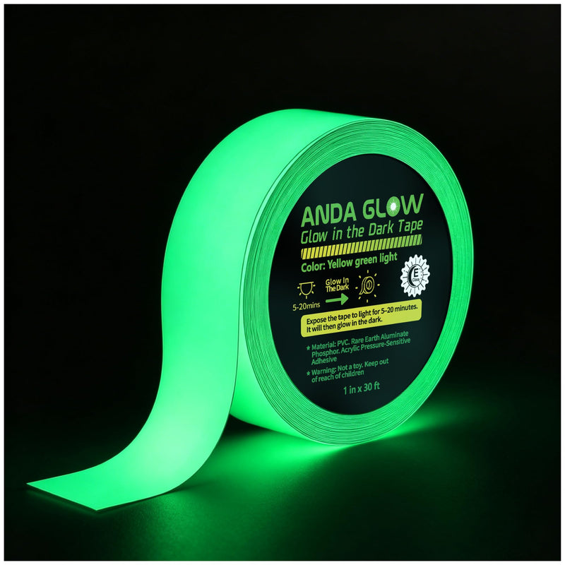 High Brightness Glow in the Dark Tape for Safety Marking, Art Craft DIY, Christmas Deco and Party Accessories. Non-Toxic Adhesive, Waterproof Rechargeable Luminous Tape (2in X 30ft) Yellow-Green Light 2 in X 30 ft