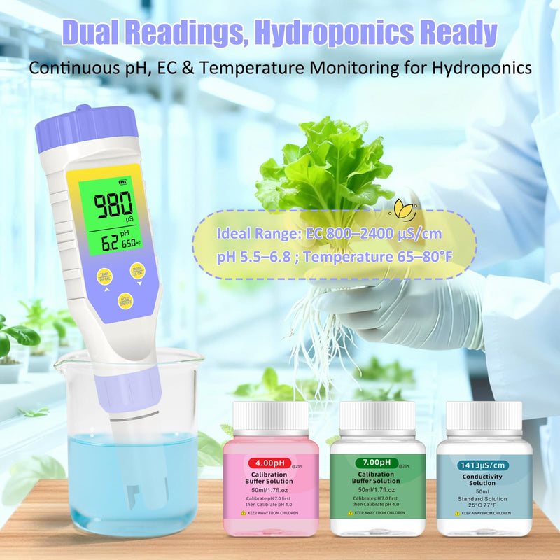 [Australia - AusPower] - pH Meter for Water Hydroponics, 5-in-1 pH TDS EC Salt Tester for Water Nutrient Solution, Simultaneous Display of pH EC Temp for DWC Reservoir Tank, Aeroponic Garden, Growing System Purple 