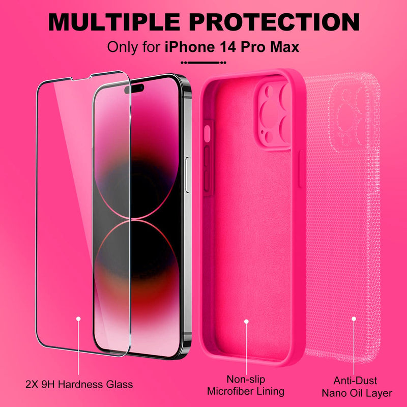 [Australia - AusPower] - BossKiss Compatible with iPhone 14 Pro Max Case 6.7 inch, Premium Liquid Silicone Case [Velvety Touch] [2 Pcs 9H Tempered Glass Screen Protector], Camera All-Round Protection Case, Hot Pink iPhone 14 Pro Max 6.7inch 