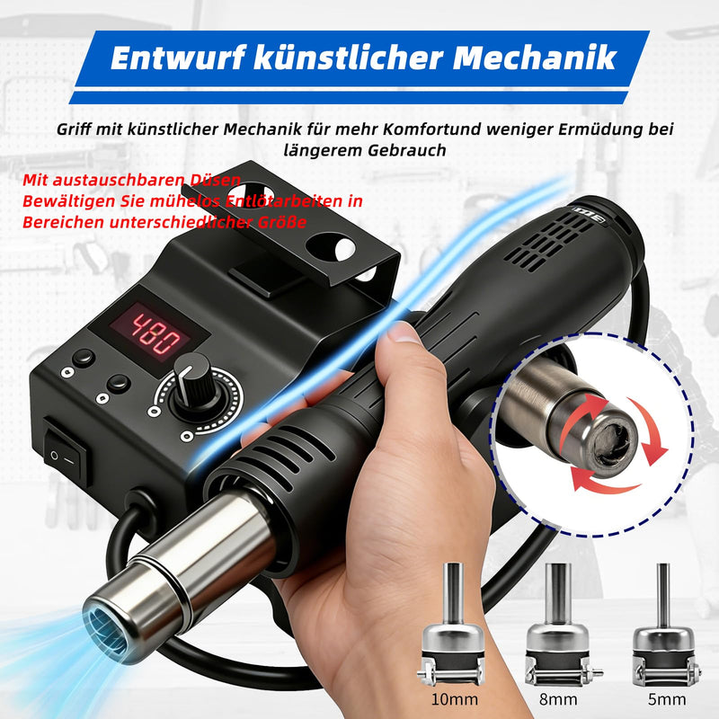 8858 Hot Air Soldering Station, Desoldering Station 700 W with LED Digital Display 100-480°C, Hot Air Soldering Station with 3 Hot Air Blow Dryer Mouthpieces, SMD Soldering and Desoldering | mit LED Digital Anzeig 100-480°C | 3 Heißluftföhn-Mundstücke ...