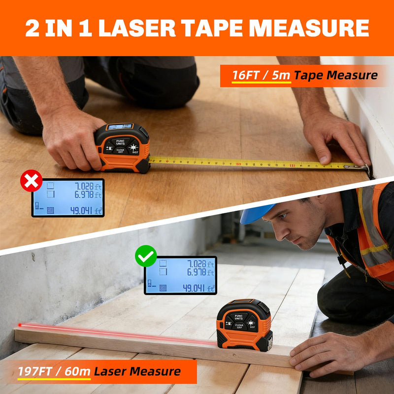 2-in-1 Laser Tape Measure, 197Ft Laser Measuring Tool & 16Ft Measuring Tape with M/in/Ft/Ft+in Units, Magnetic Hook - Pythagorean, Area, Volume, Digital Tape Measure for Woodworking and DIY