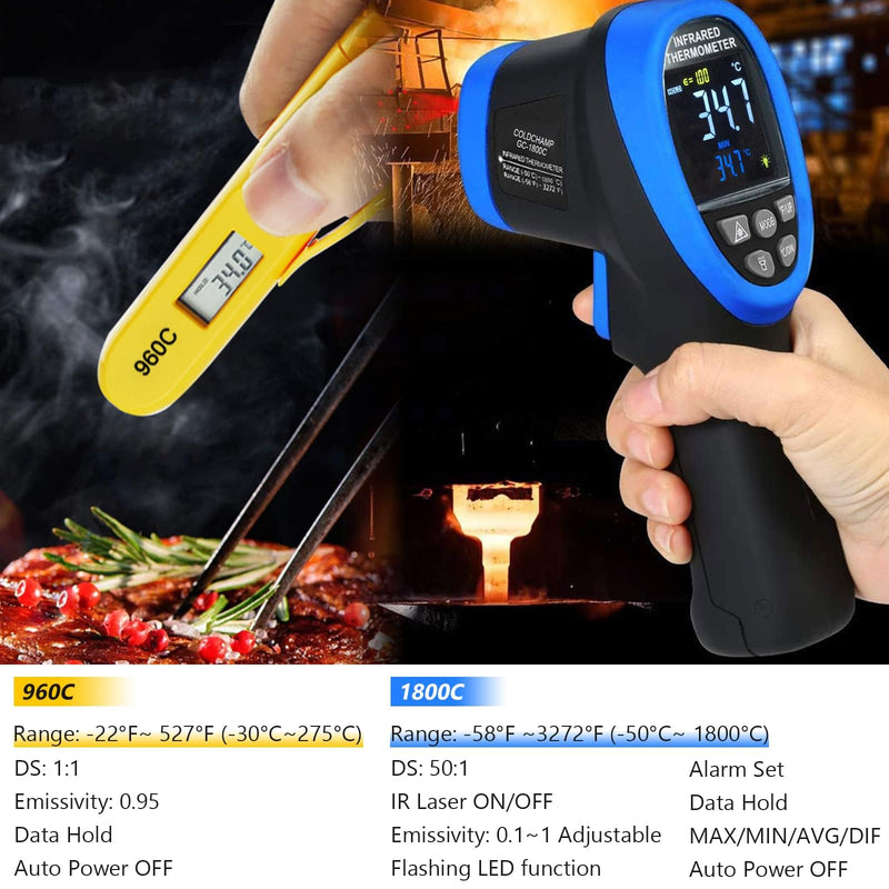[Australia - AusPower] - Infrared Thermometer High Temperature Gun -58℉~3272℉ & Instant Read Thermometer -22℉~527℉ Combo with D:S=50:1, Adjustable 0.1~1.0 Emissivity, Color LCD Display for Smelting, Furnaces, Oven, HVAC GC-1800C+960C 