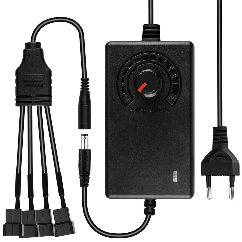 4 Pin PWM Fan Controller with 12 V Power Supply, Fan Speed Controller 100-240 V AC to 3-12 V DC 24 W 2A, Fan Speed Control Module with 1 to 4 Splitter Cable for PC Fan Receiver DVR Console