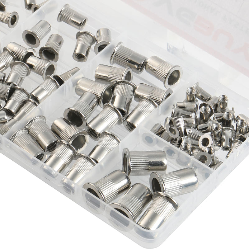 [Australia - AusPower] - 100Pcs Metric Rivet Nut Kit, Rivet Nuts Assortment M4 M5 M6 M8 M10, 304 Stainless Steel Rivnut, Flat Head Threaded Insert Nut, Knurled Body (VG30529) Metric Kit-100 304 Stainless Silver 