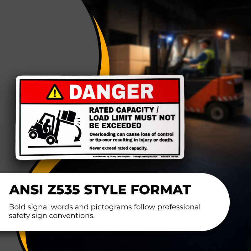 Forklift Safety Labels Kit – ANSI Z535 Style Warning Decals – Tip-Over, Seatbelt, No Riders, Capacity Limit & Fork Height – Industrial Vinyl – 3.5 x 7 Inch – 5 Pack