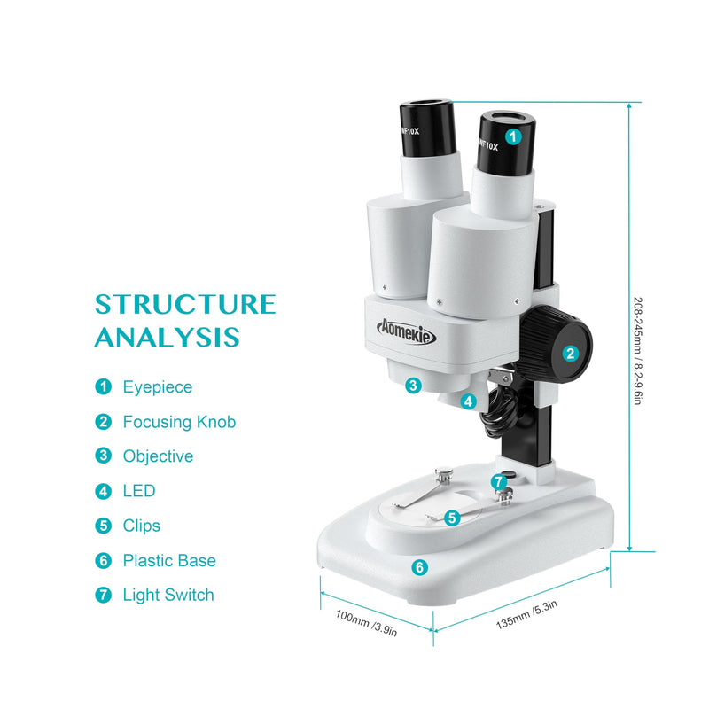Aomekie® Microscope 20X 50X with 10Pcs Slides Insect Specimen Stereo Microscope with WF eyepieces LED Light Source Portable Stereoscope 12Pcs Mineral specimens