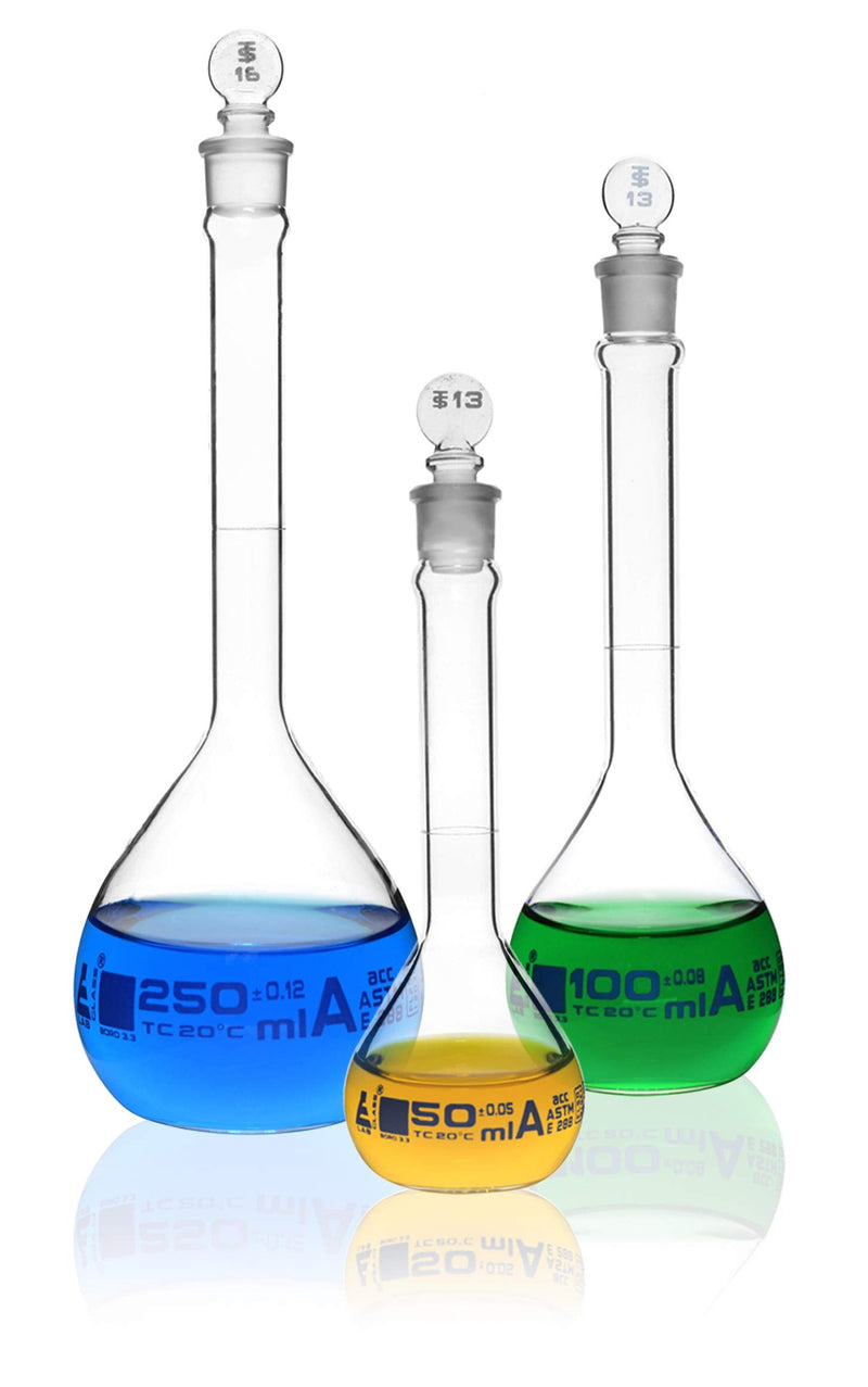 EISCO Premium Volumetric Flask Set - 50ml, 100ml & 250ml - Class A, ASTM E288 - Superior Durability & Chemical Resistance - Glass Penny Stoppers - Borosilicate 3.3 Glass