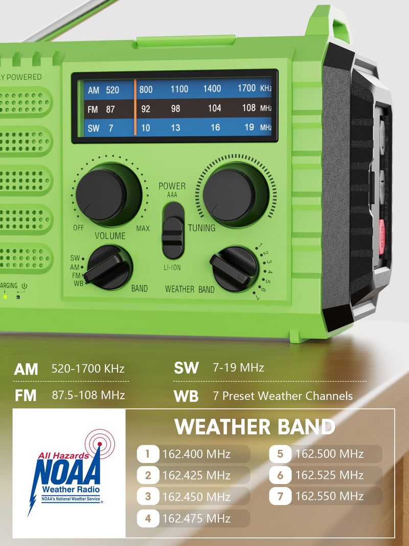 [Australia - AusPower] - Weather Radio Raynic Solar Hand Crank Emergency Radio 5 Ways Powered AM/FM/SW/NOAA Weather Alert Portable Radio with Flashlight, Reading Lamp (Green) Green 