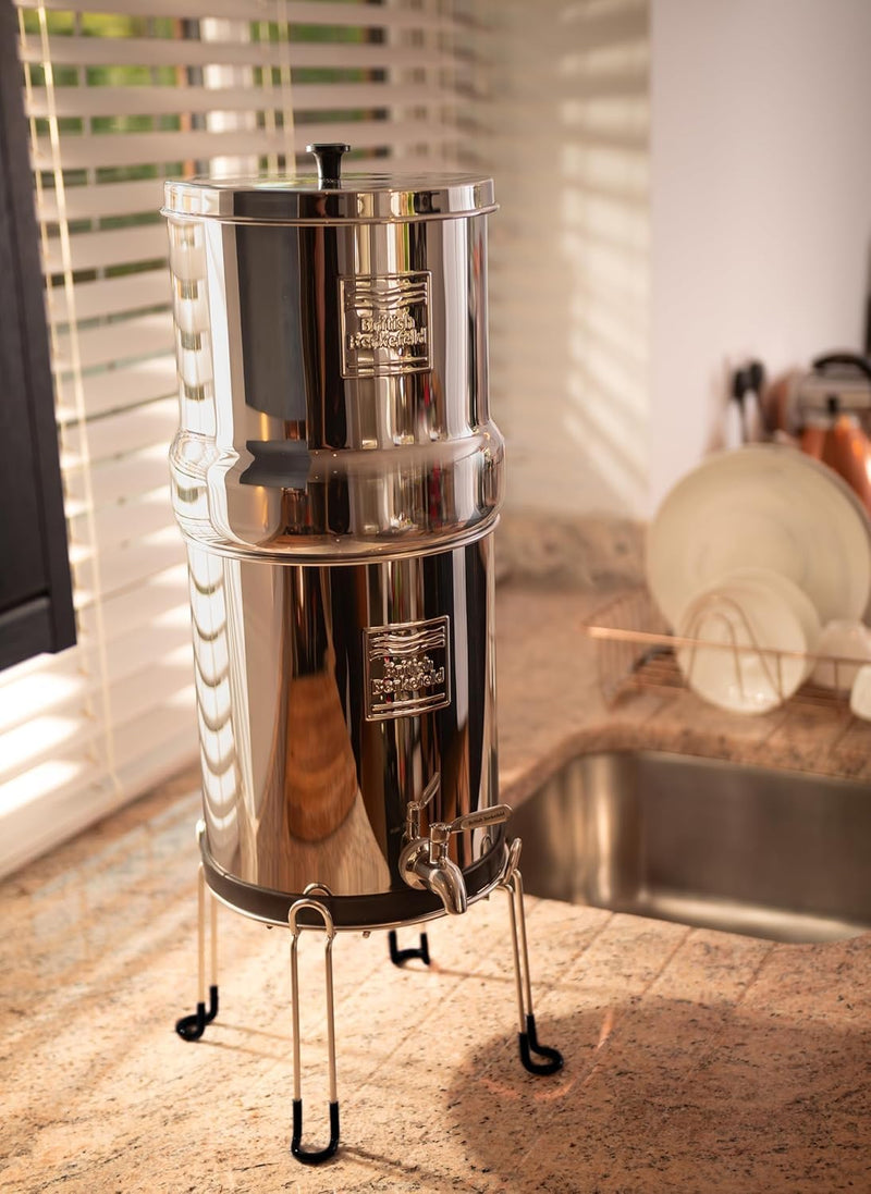 British Berkefeld 8.5L Gravity System Stand | Stainless Steel Stand for 8.5L Gravity Water Filter Systems Non Slip Rubber Feet Support Stand 25L x 25W x 18H 8.5 L