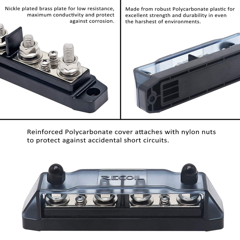 RECOIL BBPG4 Bus Bar Positive and Negative 4 x 5/16” Studs and 4 x #8 Screw Terminals Power Distribution Block Busbar with Ring Terminals 250 Amp Rating