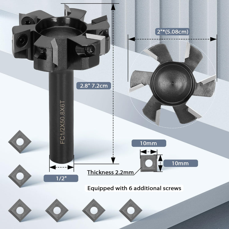 [Australia - AusPower] - CNC Spoilboard Surfacing Router Bit, 1/2" Shank 2" Cutting Diameter, Slab Flattening Router Bit Planing Bit ,6-Wings Planing bit for Wood Slab Flattening,6 Additional Screws,Upgrade Carbide 6-Wings 1/2" Shank 2" Cutting Diameter 