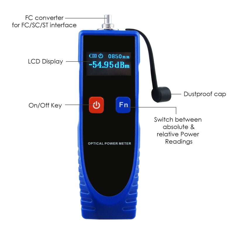 [Australia - AusPower] - OPM Optical Power Meter Digital Power Factor Meter, -70 ~ 6dBm with 6 Optic Wave Length, Portable Fiber Optic Cable Tester with FC converter for FC/SC/ST blue 