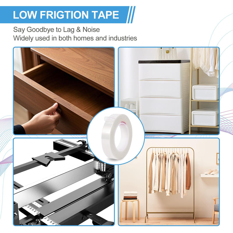 KitchenRaku UHMW (Ultra-high Molecular Weight) Polyethylene Tape, Low Friction Tape Noise Reduce & Surface Protect, Anti Squeak Tape for Wood, Drawers, Cabinets, Curtains (Translucent, 1" x 36Yds) Translucent