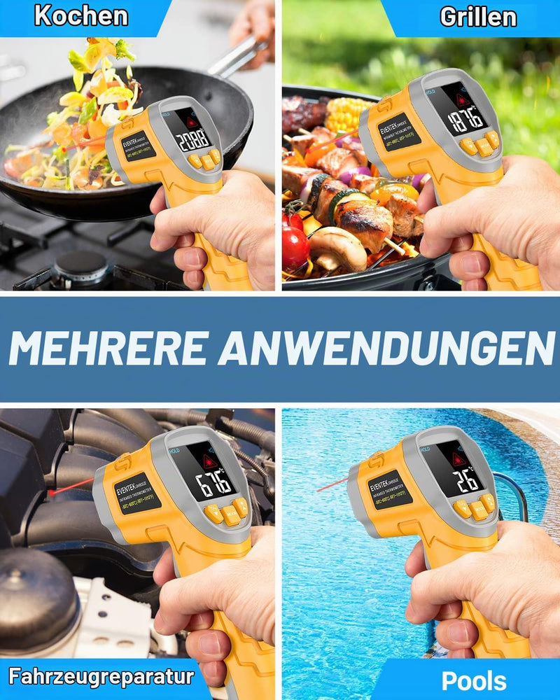 Eventek Infrared Thermometer, -50°C ~ 600°C Temperature Meter, 0.1-1.0 Adjustable Emissivity Laser Thermometer, Colored HD Screen Thermometer for Kitchen, Pizza, Cooling, Industry yellow