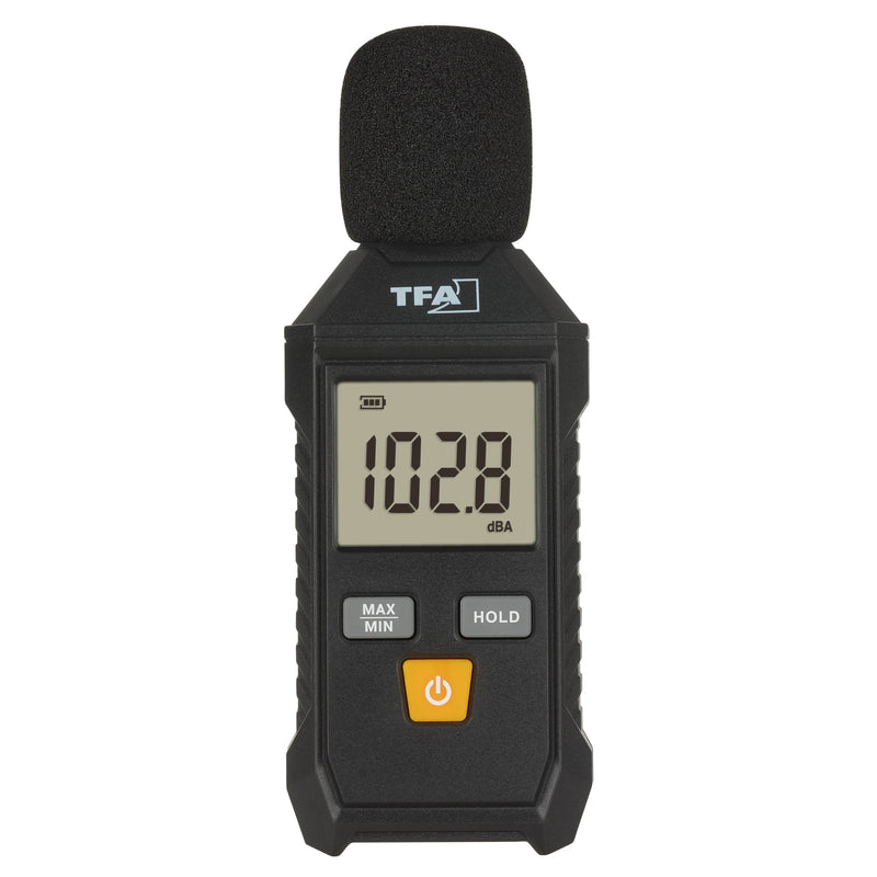 TFA Dostmann Sound Meter Digital Calibration 31.2002, 35 to 130 dBA, with Frequency Rating, Backlight, Includes Wind Protection, Storage Bag, Max. Min Function, Black