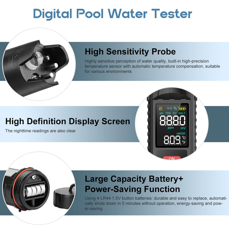 [Australia - AusPower] - Digital 7-in-1 Water Tester, High Precision 0.01 pH & Salinity Meter, for Pool Salt, Aquarium, Hydroponics, Drinking Water TDS EC ORP S.G Temp Tester with Titanium Alloy Electrode 
