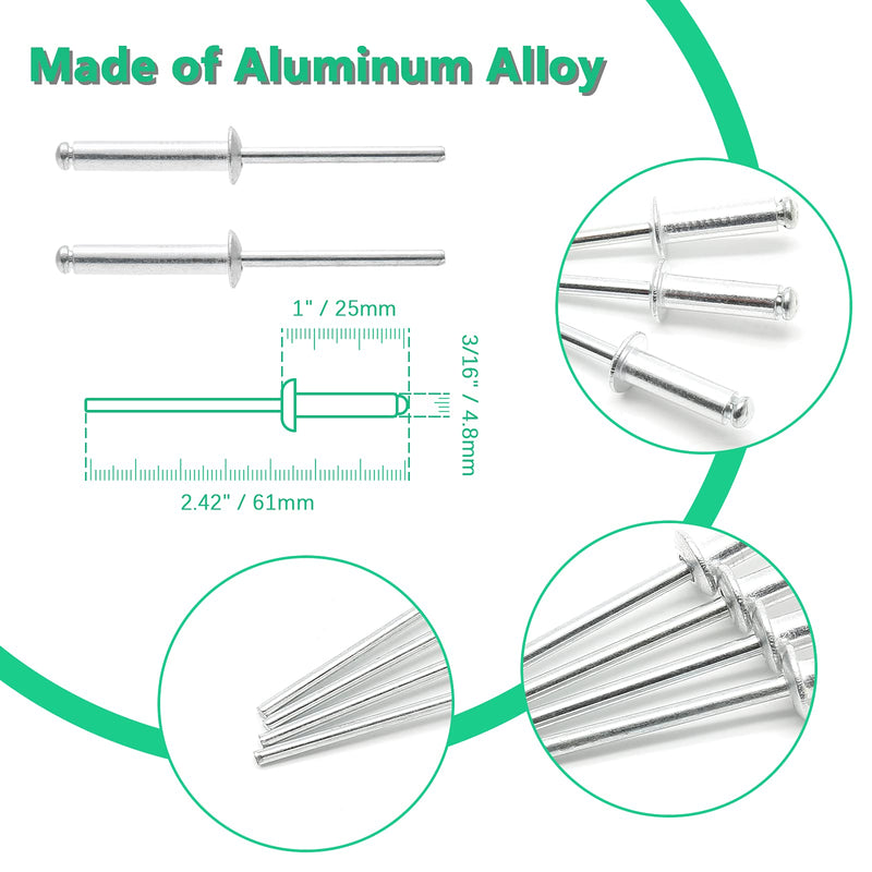 [Australia - AusPower] - 100Pcs Aluminum Pop Rivets 3/16" x 1" (Diameter x Grip Length), Dome Head Blind Rivets for Sheet Metal Automotive Railway 3/16" x 1" (Diameter x Grip Length) 