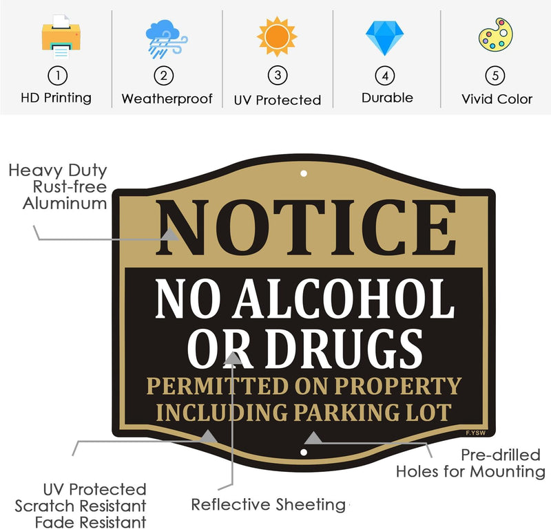 Notice No Alcohol or Drugs Permitted on Property Including Parking Lot Sign 12" x 10" With 28" Long Metal Private Property Safety Warning Stake With Stand Aluminum Outdoor Yard Business Home