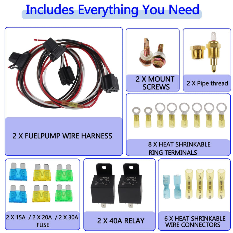 Dual Electric Fan Relay Kit, 40A Radiator Engine Cooling Fan Relay Temperature Sensor Switch 185 On 175 Off 4 Pin Waterproof Wiring Relay Kit for Car (Set of 2)