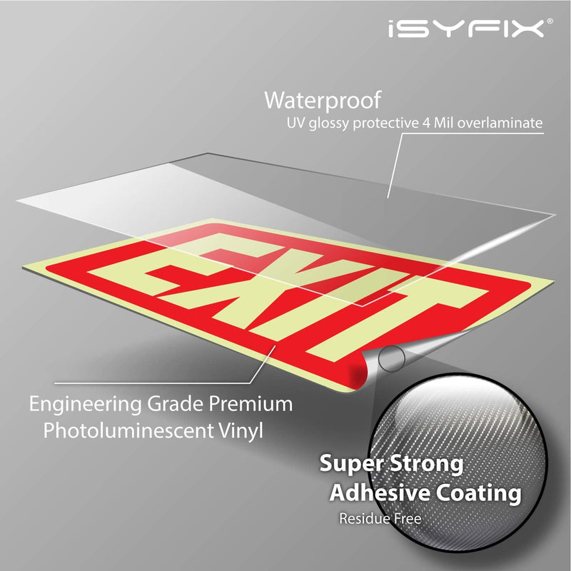 [Australia - AusPower] - iSYFIX Exit Glow in the Dark Sign Stickers Red – 2 Pack 10x7 Inch – Photoluminescent Vinyl, Laminated for UV, Weather & Fade Resistance, Indoor & Outdoor for Business, School, Office, Warehouse Photoluminescent Premium Quality Vinyl, UV Protected 
