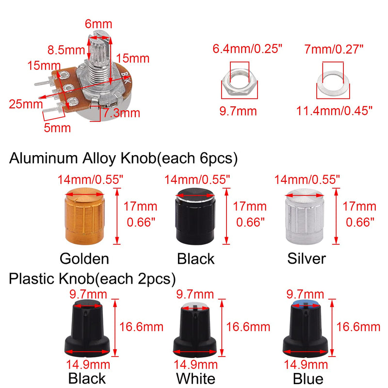 [Australia - AusPower] - TWTADE 64PCS Potentiometer Kit WH148 B5K B10K B20K B50K B100K Ohm Linear Rotary Potentiometer with Plastic Knobs,Aluminum Alloy Knobs,nuts and washers H-023 