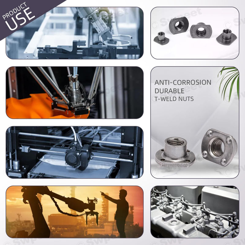 [Australia - AusPower] - Swpeet 32Pcs M6 M8 M10 M12 Black T-Shaped Weld Nuts Kit, Tab Base UNC Carbon Steel Machine Screw, Welding Hood Fasteners Ideal for Furniture Vehicles Caster and Industry Machine Assortment Kit 