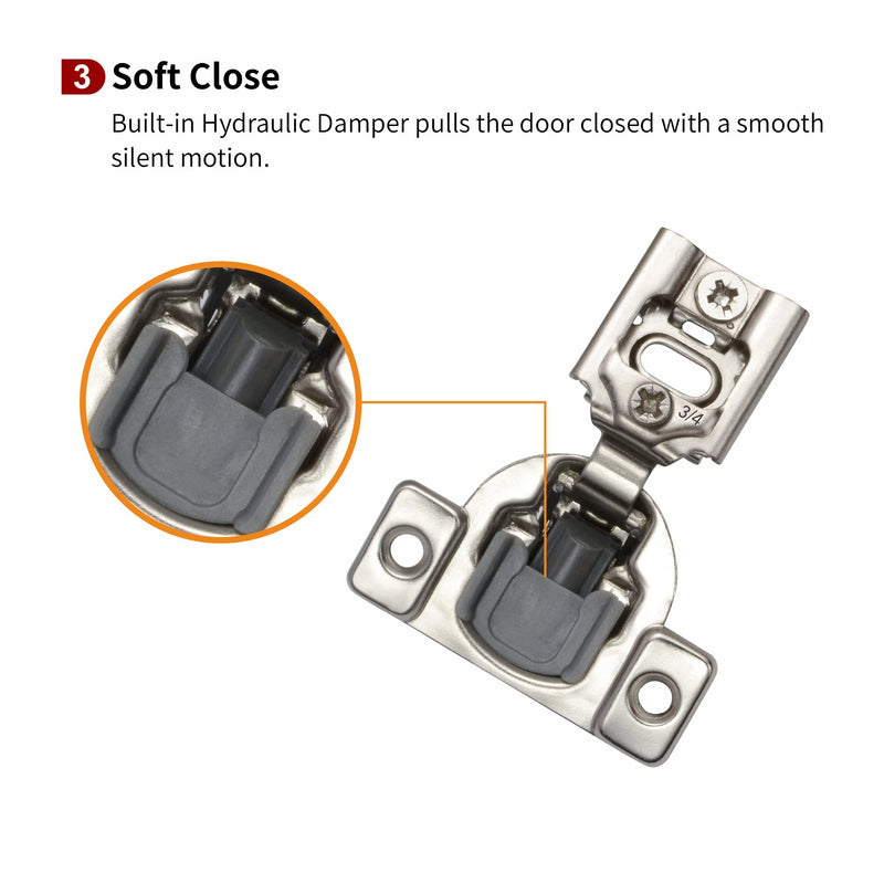 10 Pcs 3/4" Overlay Soft Close Cabinet Hinges 105° 3 Way Adjustable | 2D Structure,Cold Rolled Alloy Steel,face frame cabinets,anti-rust coating,damped closure,7.6kg/pair,50k cycles,14-26mm doors 2D 3/4 inch Overlay 10