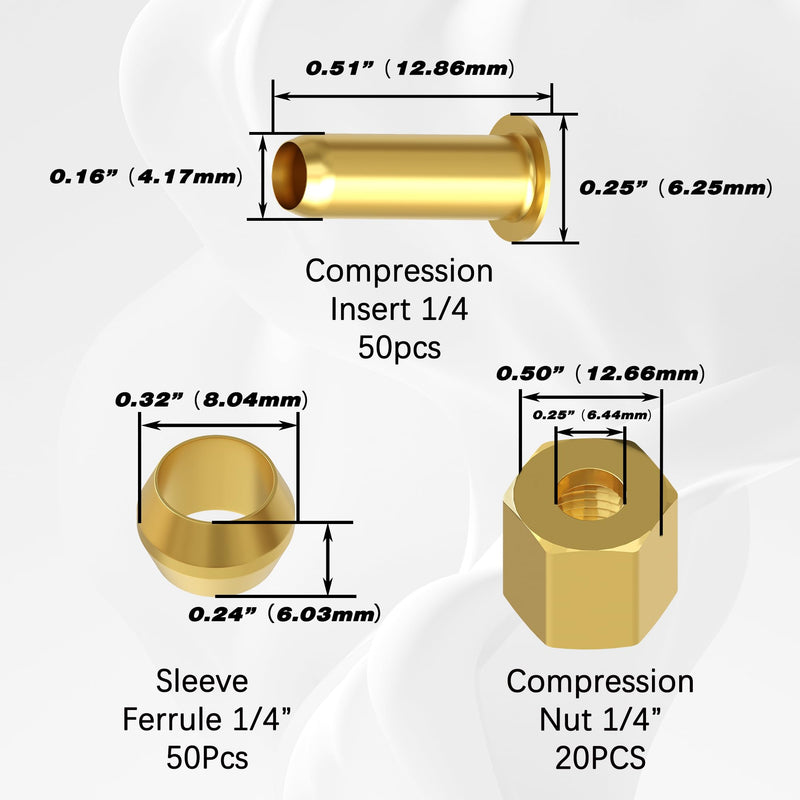 [Australia - AusPower] - 120PCS 1/4 inch Compression Fittings Assortment kit -?1/4") 50 Brass Compression Sleeve Ferrule, 50 Insert & 20 nuts - used to connect lines for air,water,fuel,oil and inert gases 120pcs Kit 