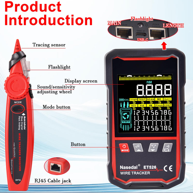 [Australia - AusPower] - Network Cable Tester Wire Tracker Tone Generator Ethernet Tester Multimeter VFL 3-in-1 RJ45 CAT5 CAT6 CAT7 CAT8 RJ11 Cable Length Cable Mapping Test Port Flashng 3 pcs Remote (ET526) ET526 